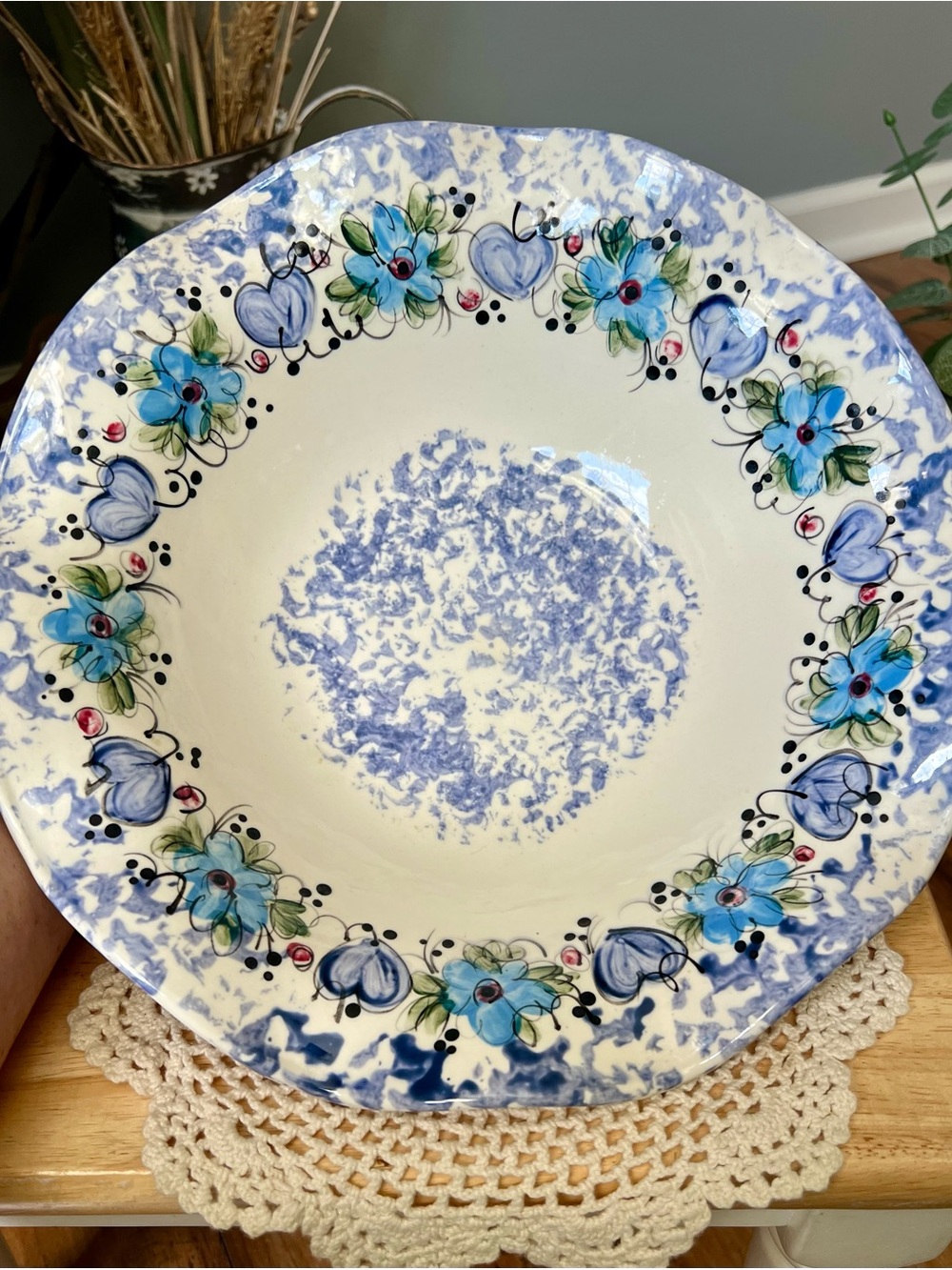 Blue & White Flowers & Hearts Ruffled Spongeware Large Ceramic Bowl Handmade